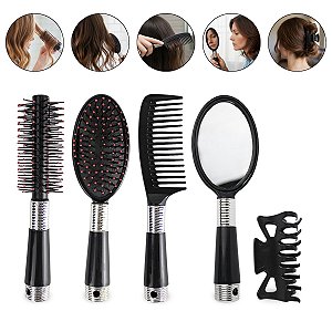Kit 2 Escovas + 1 Pente + Presilha Cabelo + Espelho de Mão