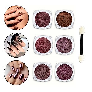 Kit 6 Pó Cromado Espelhado Nail Art Vinho Marrom + 3 Pincéis