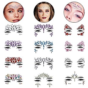 Kit 12 Adesivos de Rosto Pedraria Carnaval Fantasia Festa