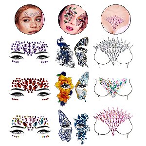 Kit 9 Adesivos Pedraria Strass Colorido Colo Rosto Carnaval