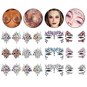 Kit 6 Adesivo de Rosto + 6 Pares Adesivo Seio Carnaval Festa