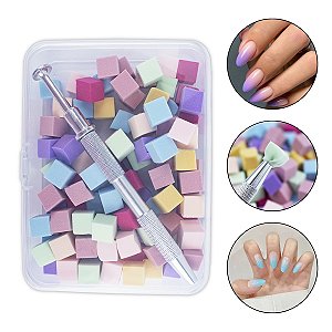 Kit 100 Mini Esponja Cubo Unha Degradê Ombré + Aplicador
