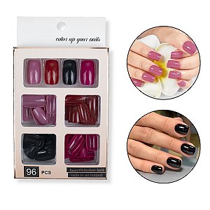 Kit 96 Unhas Postiças Quadrada Colorida Vermelho Preto Rosa