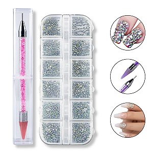 Kit Pincel Pega Strass +Strass Diversos Tamanhos Furta-cor
