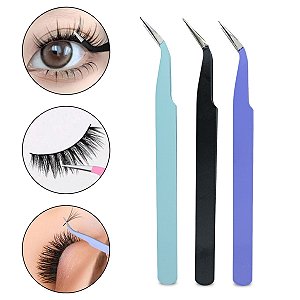 Kit 3 Pinça de Precisão Ponta Curvada Para Extensão Cílios