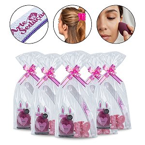 5 Kits Lembrancinhas Presilha Cabelo Lixa Esponja Maquiagem