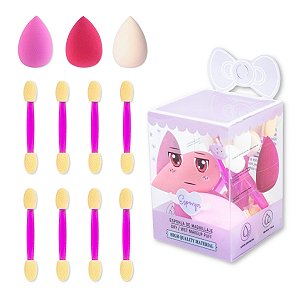 Kit 3 Mini Esponja Gota+ 8 Mini Pincel Ponta Dupla Maquiagem