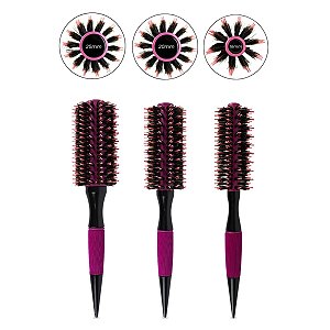 Kit 3 Escova de Cabelo Redonda Cerdas Duplas Térmica Rosa