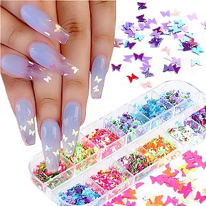 Kit 12 Borboletas Coloridas Encapsulada Decoração Unhas Gel