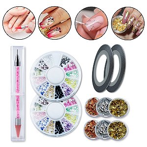 Pincel Pega Strass + 2 Disco Strass+ 2 Fio 1mm+ 6 Folha Ouro