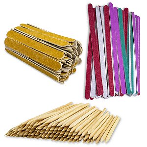 Kit Manicure 100 Lixa 16cm + 100 Palito Bambu+ 100 Mini Lixa