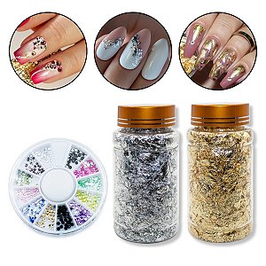 Kit 2 Pote Folhas Ouro Dourado e Prata + Disco Strass Unhas
