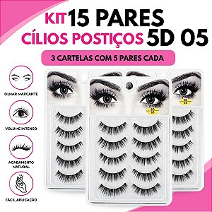 Kit 15 Pares Cílios Postiços 5D Volume Natural Gatinho 10mm