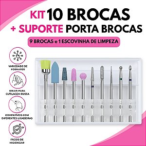 Kit 10 Brocas Unhas Gel Diamantada Cutilagem Russa + Suporte