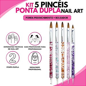 Kit 5 Pincéis Ponta Dupla Nail Art + Boleadores Pontilhismo