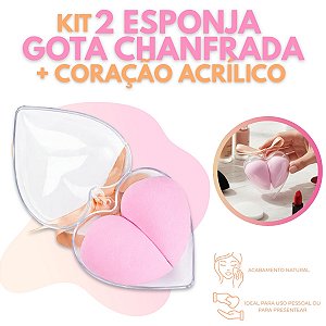 Kit 2 Esponja Gota Chanfrada + Caixinha Coração Maquiagem
