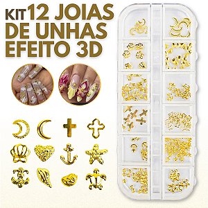Kit 12 Joias 3D Unhas Nail Art Decoração Diversas Dourado