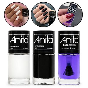 Kit Anita Esmaltes Branco + Preto + Finalizador Brilho 10ml
