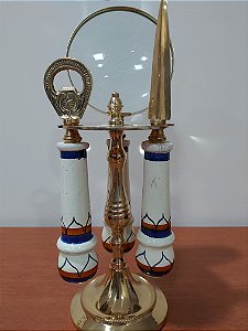 Conjunto de lupa 10cm, abridor de cartas e abridor de garrafas em inox com cabo em cerâmica, com suporte