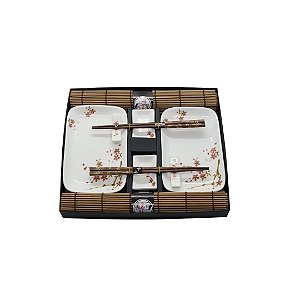 KIT COMIDA JAPONESA EM BAMBU BRANCO E LARANJA PARA 2