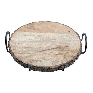 BANDEJA REDONDA DE MADEIRA P/SERVIR C/SUPORTE DE METAL 32x30x10cm
