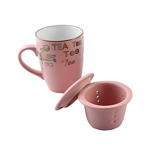 CANECA PORCELANA C/INFUSOR TAMPA VINTAGE LETTERS ROSA 350ML