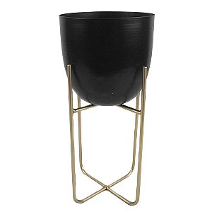 CACHEPOT EM METAL PRETO COM SUPORTE DOURADO 14CM X 14CM X 31