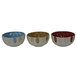 CONJ. DE BOLWS EM CERAMICA BRANCO, AZUL, AMA RELO E VERMELHO