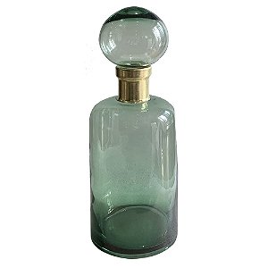 GARRAFA DE VIDRO DECORATIVA VERDE COM DETALHE DE METAL DOURA