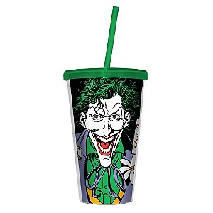 COPO PLASTICO COM TAMPA E CANUDO DC JOKER C BARALHO COLORIDO