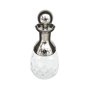 GARRAFA DECORATIVA DE VIDRO TRANSPARENTE E METAL PRATA