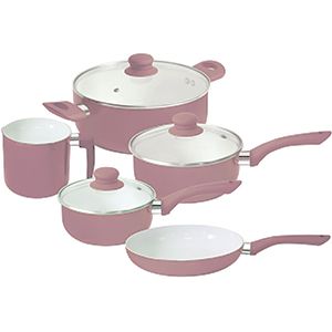 CONJUNTO 5 PANELAS ALUMÍNIO EM CERÂMICA E CABO SILICONE ROSÉ