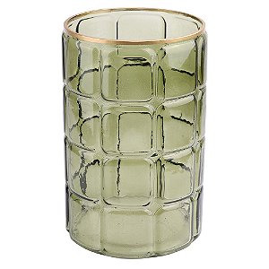 VASO DE VIDRO VERDE COM DETALHES DOURADO 15CM X 15CM X 23CM