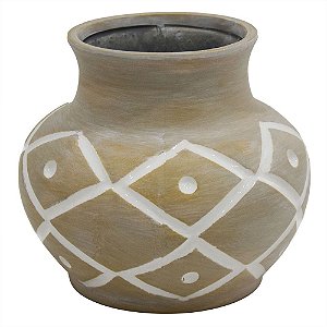 VASO DE CERAMICA BEGE COM DETALHES ETNICOS 16,5CM X 16,5CM X