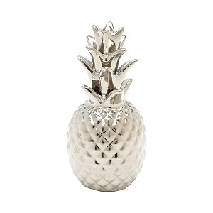 FIGURA DECORATIVA CERÂMICA ABACAXI PRATEADO 9x18cm