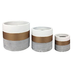 CONJ. DE CACHEPOTS DE CIMENTO CINZA, DOURADO E BRANCO - 3PCS