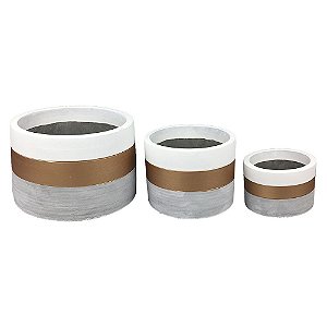 CONJ. DE CACHEPOTS DE CIMENTO CINZA, DOURADO E BRANCO - 3PCS
