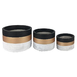 CONJ. DE CACHEPOTS DE CIMENTO CINZA, DOURADO E PRETO - 3PCS
