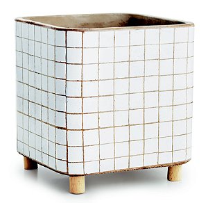 CACHEPOT BRANCO EM CIMENTO E MADEIRA