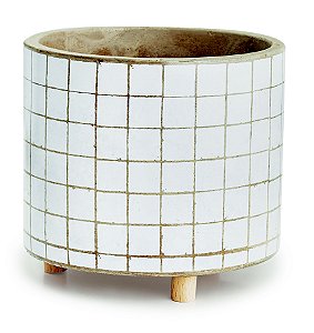 CACHEPOT BRANCO EM CIMENTO E MADEIRA