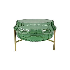 VASO DE VIDRO TRANSPARENTE VERDE COM BASE DE METAL DOURADO