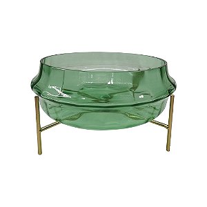 VASO DE VIDRO TRANSPARENTE VERDE COM BASE DE METAL DOURADO