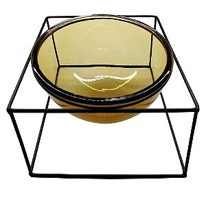 VASO DE VIDRO TRANSPARENTE AMBAR COM SUPORTE DE METAL 22CM X