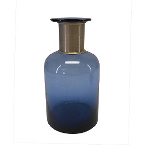 VASO DE VIDRO TRANSPARENTE AZUL COM METAL DOURADO 12CM X 12C