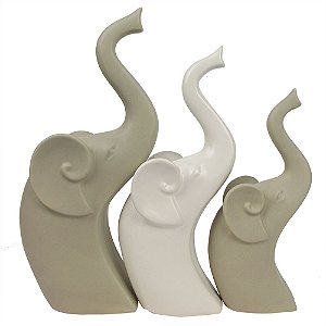 CONJ. DE ELEFANTES DE CERAMICA COM 1 ELEFANTE BRANCO E 2 CIN