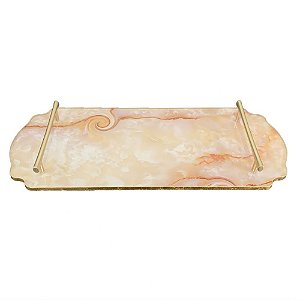 BANDEJA DE VIDRO ESTILO MARMORE COM ALCA DE METAL DOURADO