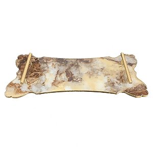 BANDEJA DE VIDRO ESTILO MARMORE COM ALCA DE METAL DOURADO