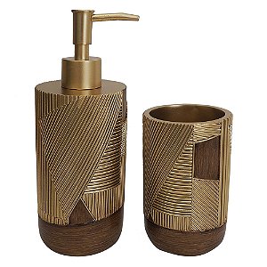 KIT DE BANHEIRO DE RESINA DOURADO E MARROM PORTA SABONETE:7C