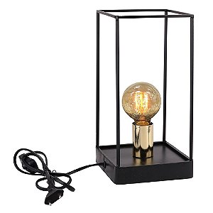 ABAJUR DE METAL PRETO E SOQUETE DOURADO COM LAMPADA DE FILAM