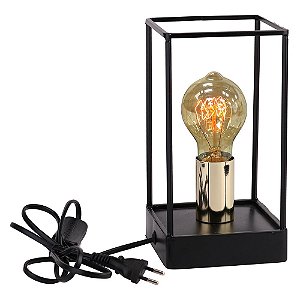 ABAJUR DE METAL PRETO DOURADO COM LAMPADA DE FILAMENTO 127V